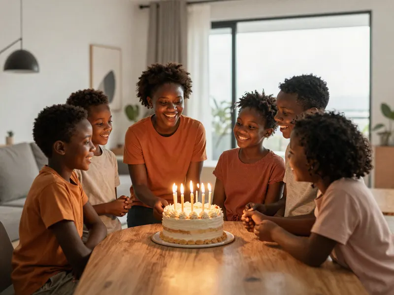 Une famille réunie autour d’un gâteau d’anniversaire aux bougies allumées.