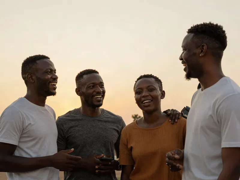 Un groupe d’amis qui célèbrent ensemble au coucher du soleil.