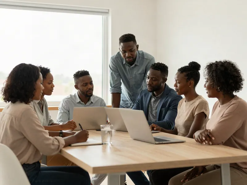 Une équipe de travail réunie autour d’une table dans un bureau lumineux.